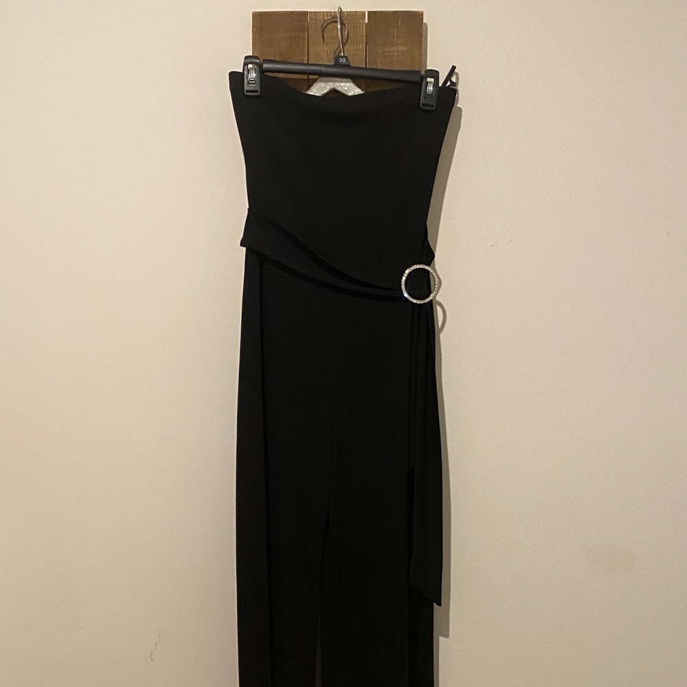 White House Black Market Black Strapless Jumpsuit with Silver Ring Detail